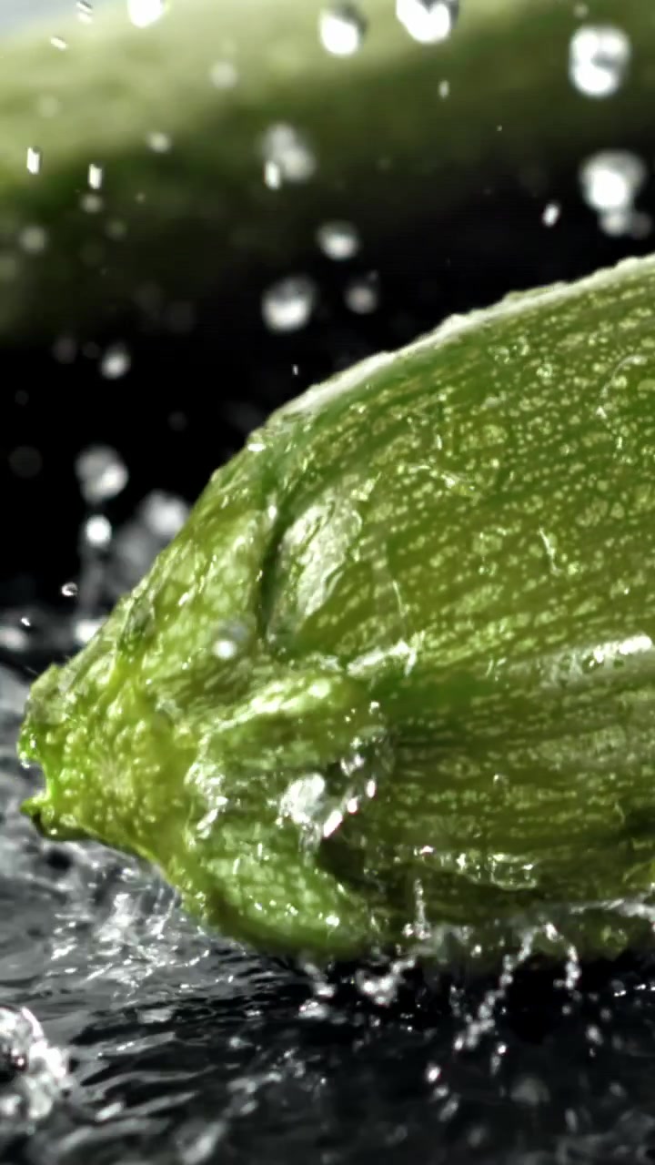 Acqua che schizza su una zucchina verde fresca