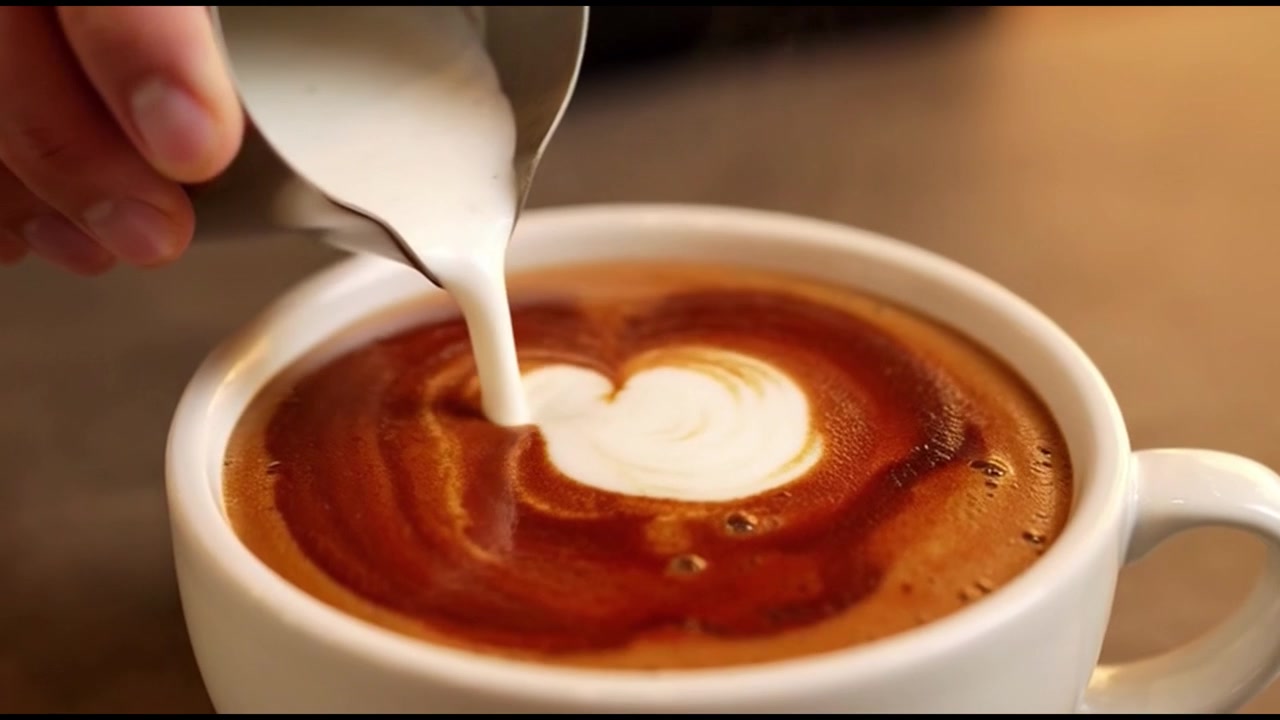 Barista hælder dampet mælk for at skabe latte-kunst i en kaffekop