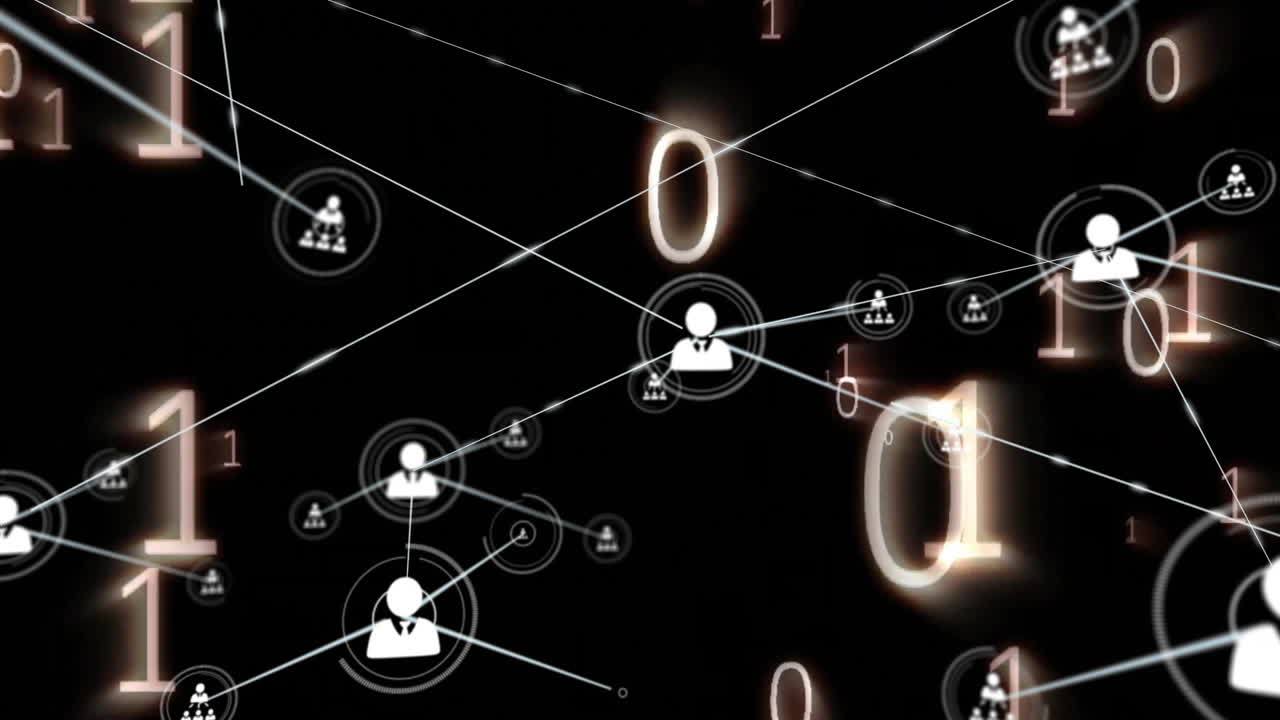 animación de codificación binaria y red de conexiones con íconos de personas