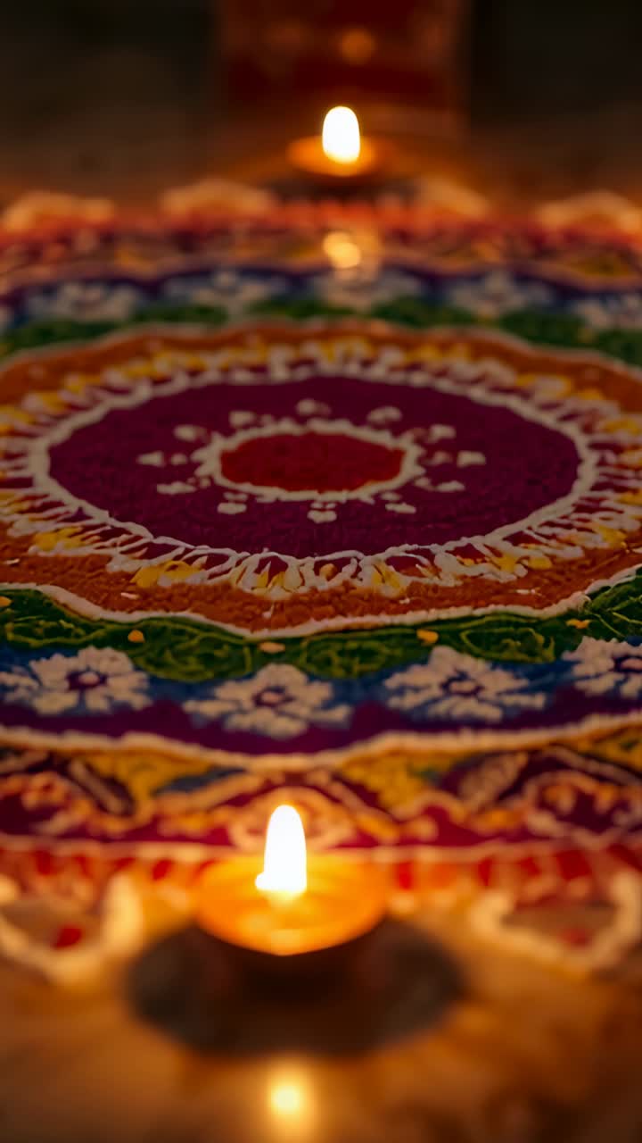 Video verticale: fiamma diya accesa che tremola sul rangoli sull'altare, con una seconda lampada che brilla