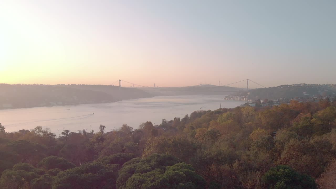 AERIAL: Sunrise in istanbul over bosphorus