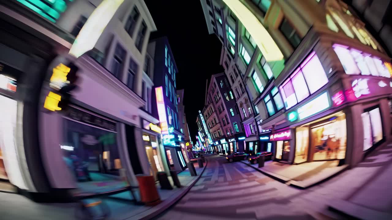 Dynamic video still of a city street at night, captured with a fisheye lens
