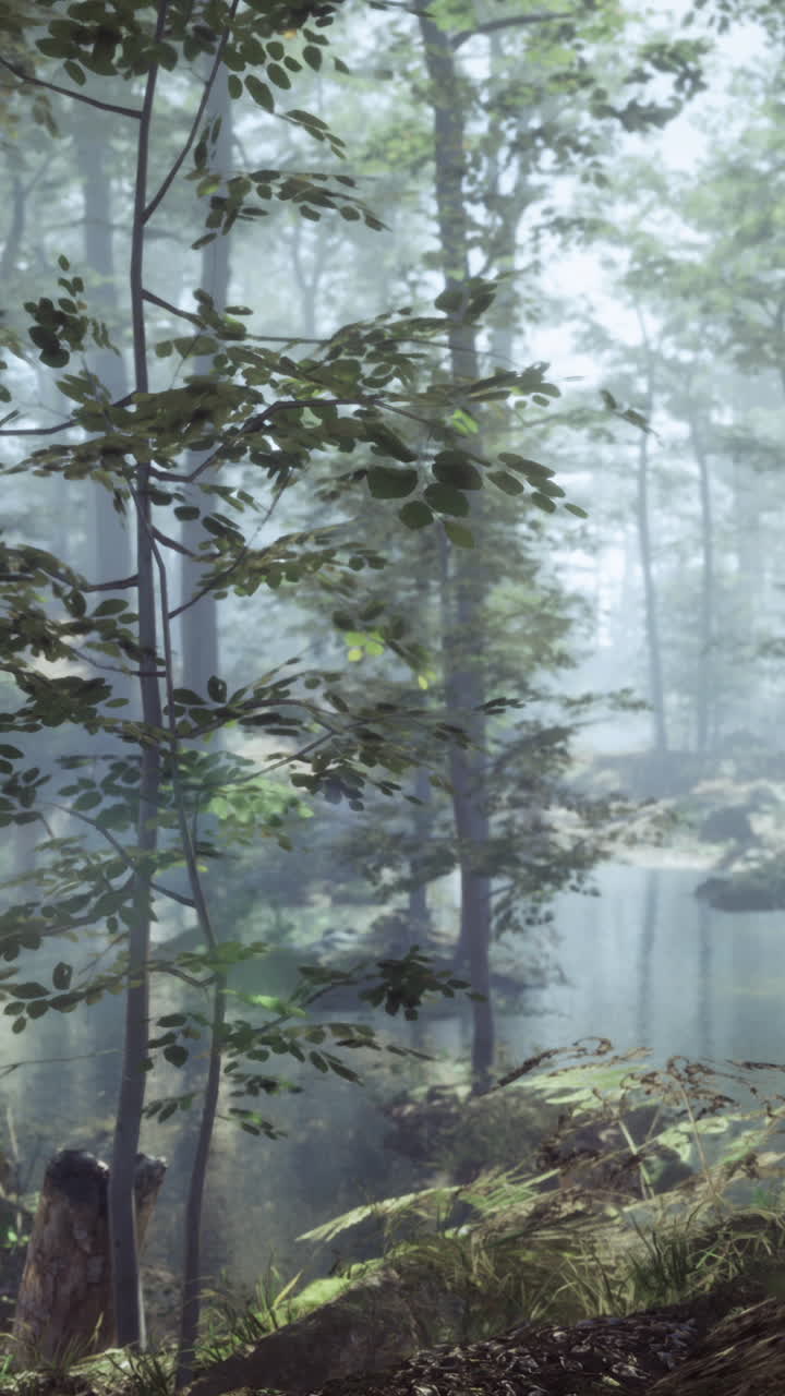 안개와 하천이 있는 조용한 숲