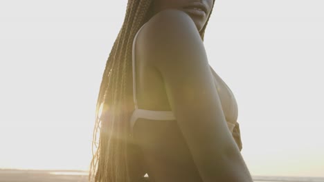 Hermoso-Modelo-Negro-Posando-En-La-Playa-Con-Un-Conjunto-De-Bikini