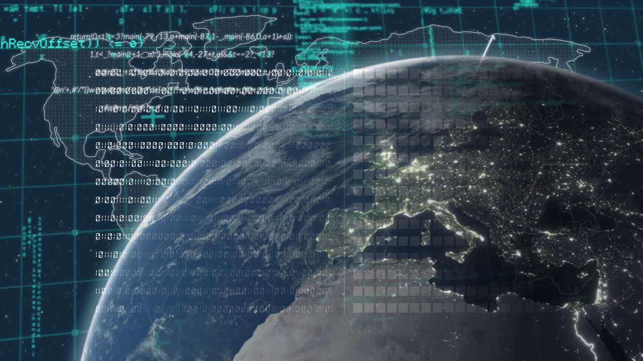 Animation of globe and financial data processing over black background