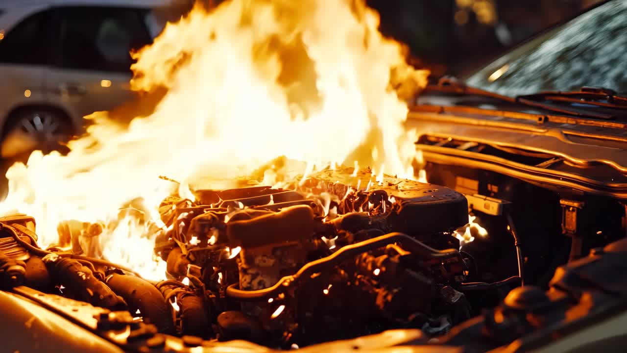 un coche en llamas con un coche en el fondo