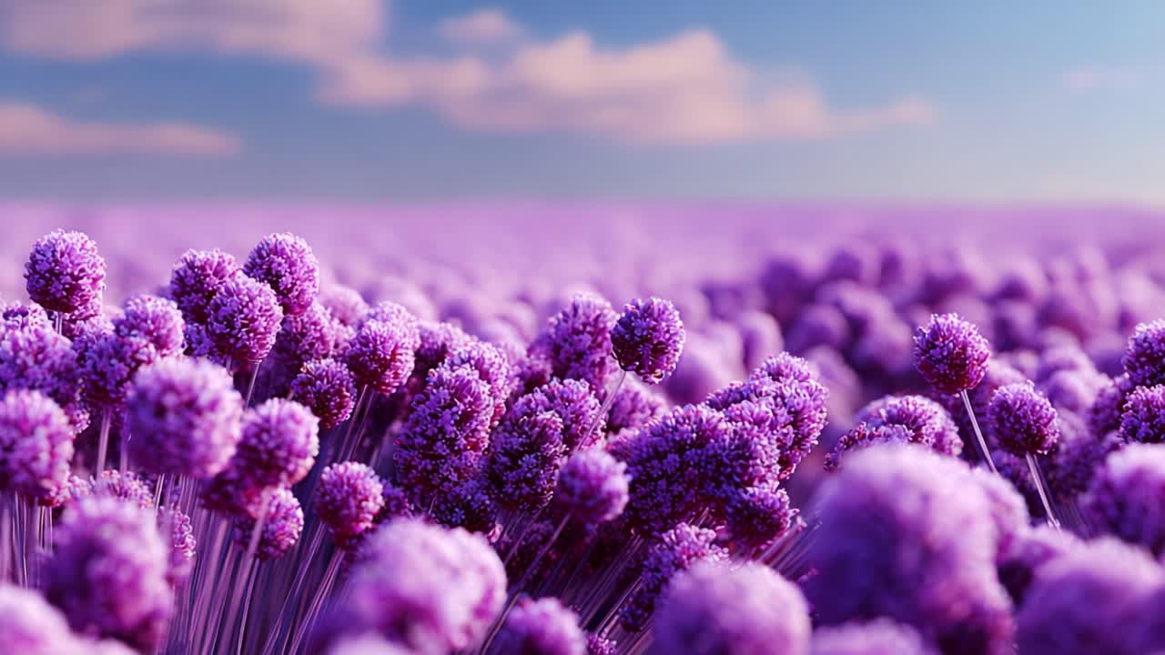 A Beautiful Expansive Field of Purple Floral Blooms Under a Clear Sky with Gentle Cloud Cover, Creating a Stunning Visual of Nature’s Vibrant Colors and Textures in Harmony
