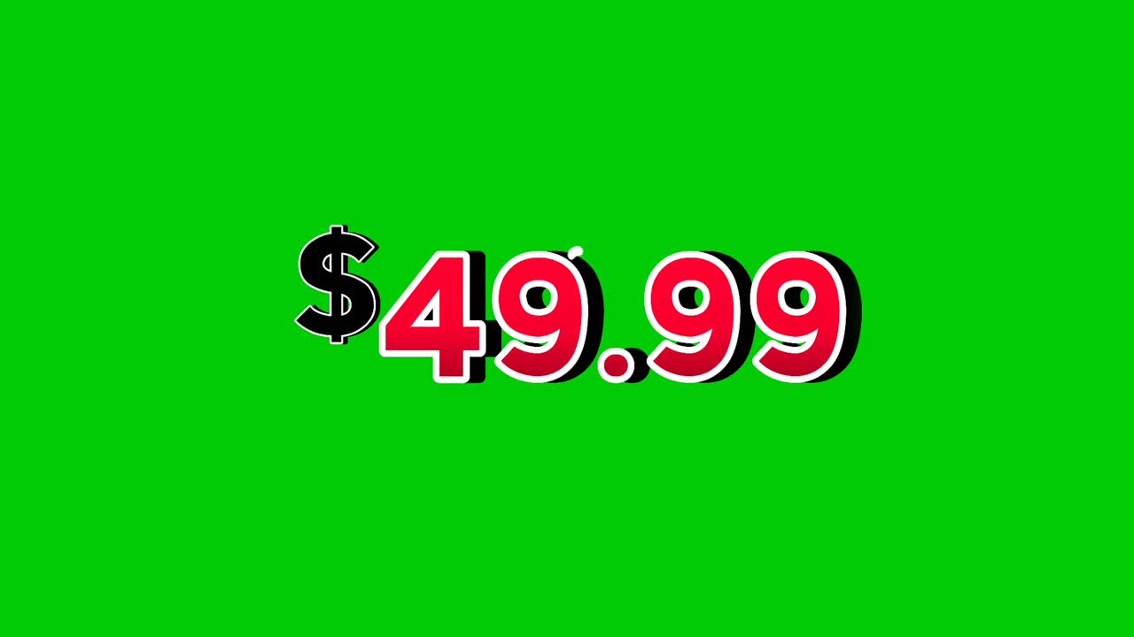 Dollars price tag $49.99 animation motion graphics in bold red numbers on green screen background with smoke effects.dollar symbol is displayed prominently perfect promotions, ads, banners, marketing