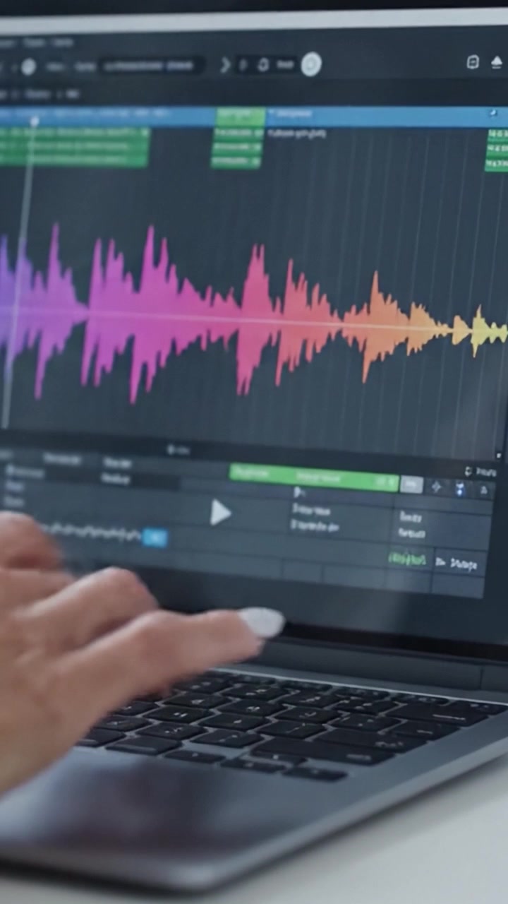 Editing Audio Waves and Tracks on a Laptop: A Close-Up of the Digital Audio Interface with Colorful Waveforms Being Manipulated by a User's Hand