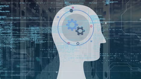 animation of head with cogs and data processing over server room