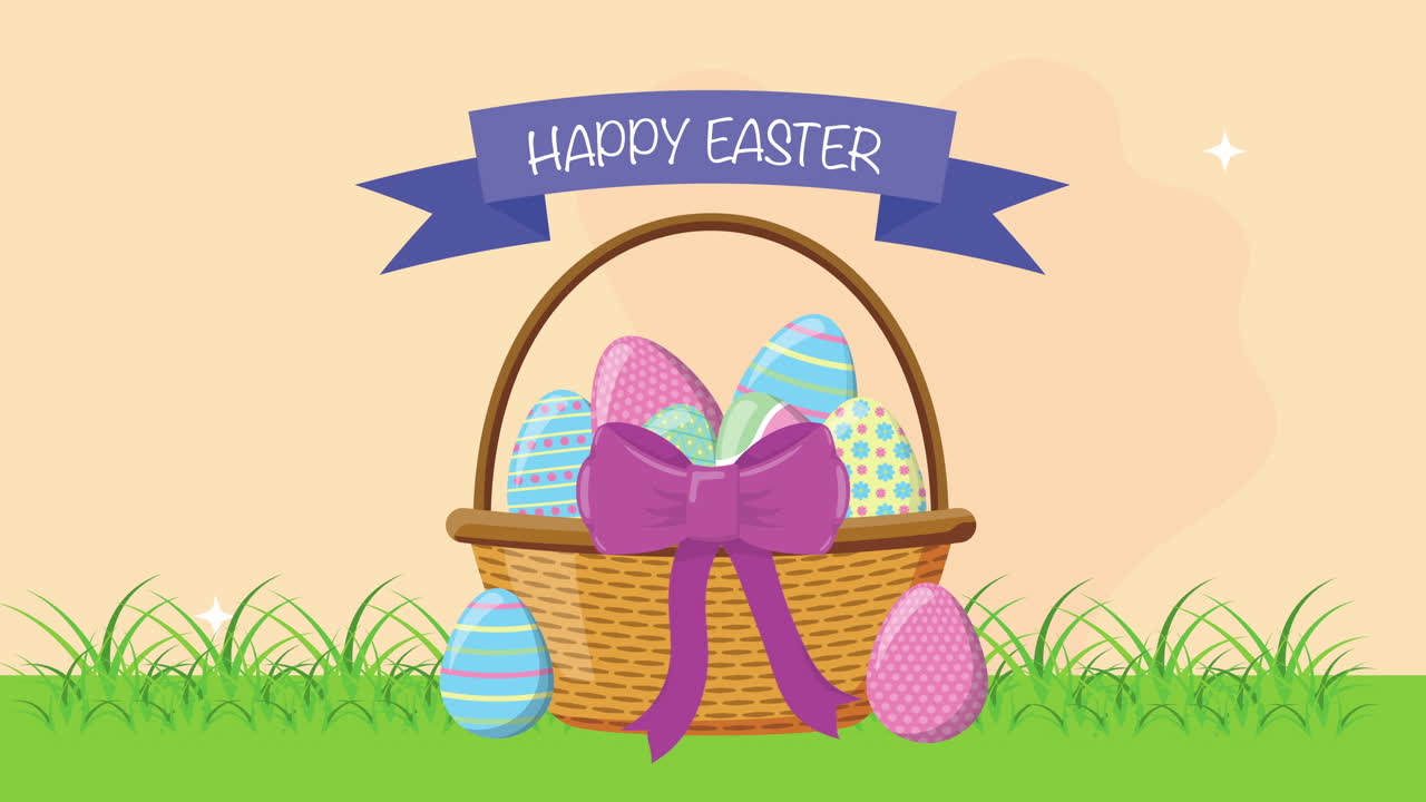 buona pasqua carta animata con le uova nel cesto sul campo