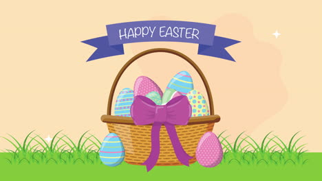 happy easter animated card with eggs in basket on the camp