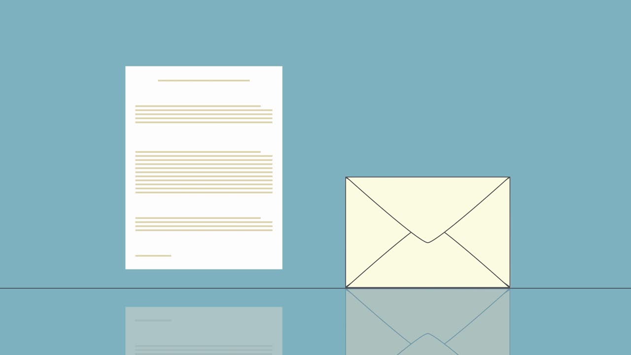 A clean, flat-style loop animation of a letter emerging from an envelope. This visual represents receiving new mail, messages, or information, including spam and junk mail. Perfect for communication