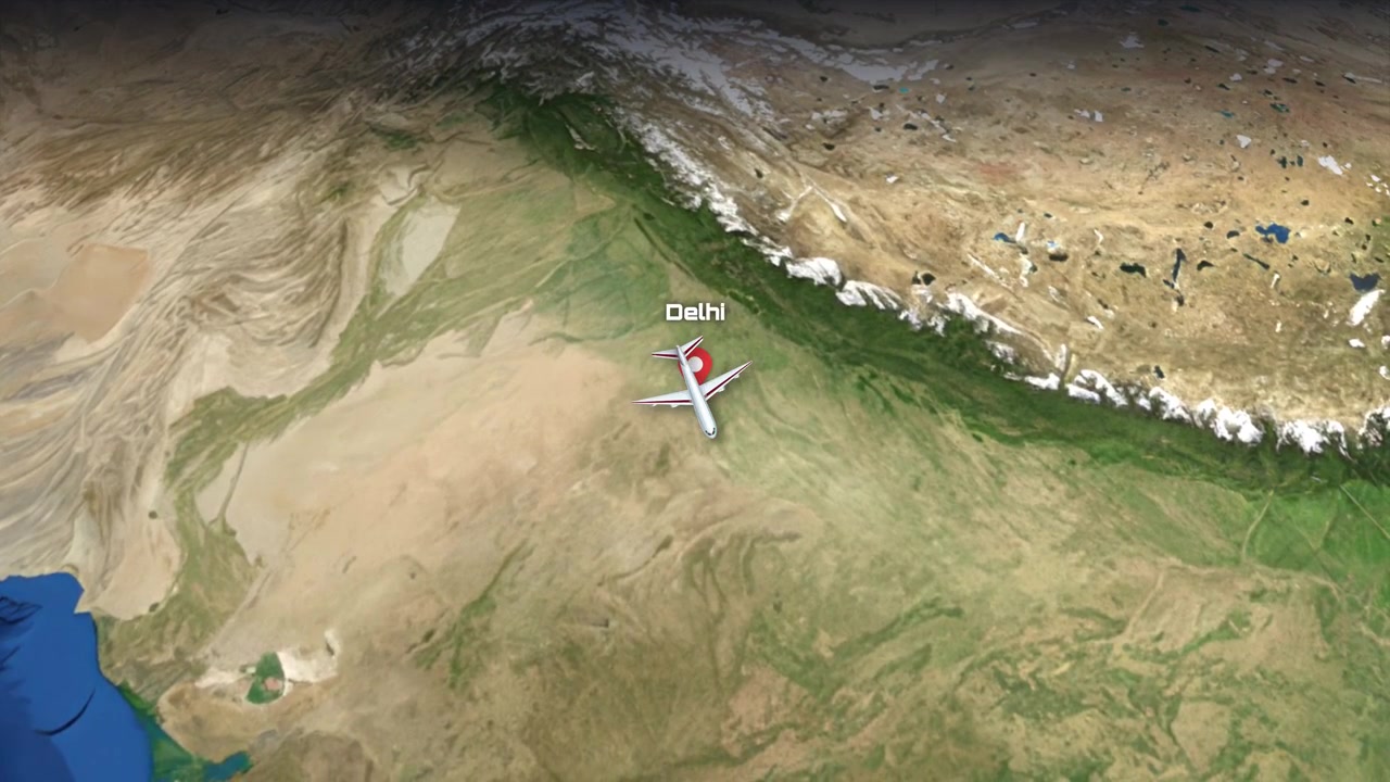 3D-animation følger et kommercielt fly, der flyver fra Toronto til Delhi over en realistisk globus.