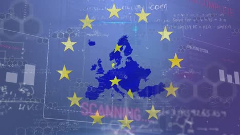 animation of financial data processing over flag of european union