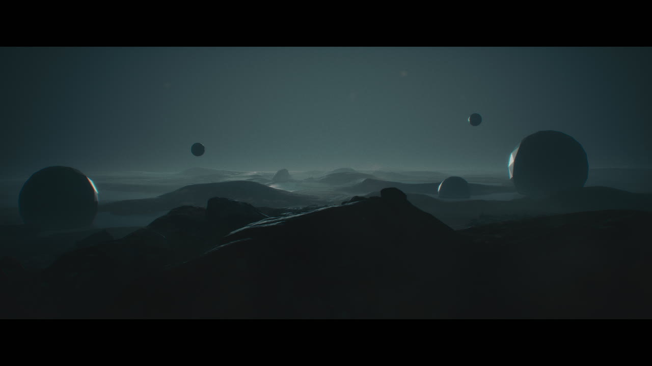 Alien planet desert landscape at night with strange sphere-shaped buildings