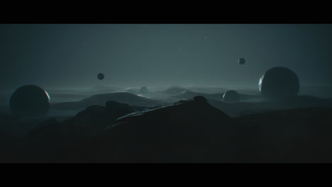 alien planet desert landscape at night with strange sphere-shaped buildings