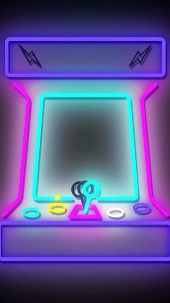 Animation of strobing coloured light beams over neon arcade game on black