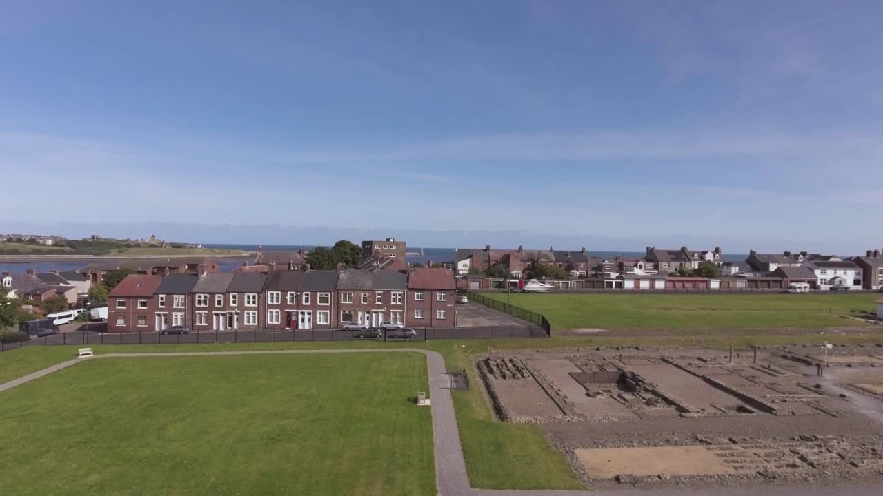 Stone Gateway Of Arbeia, South Shields Roman Fort With River Tyne In Background In South Shields, England, UK.- aerial