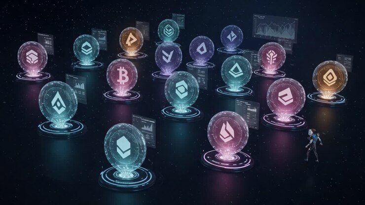Un'affascinante esposizione di criptovalute digitali con vari token e rappresentazioni grafiche di dati in un ambiente virtuale futuristico