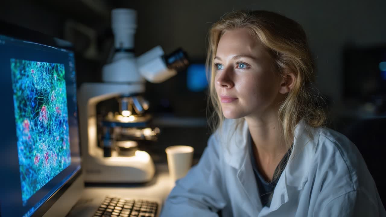 Focused Young Scientist Analyzing Data on Computer Screen with Laboratory Equipment in Background, Capturing Moment of Discovery and Insight