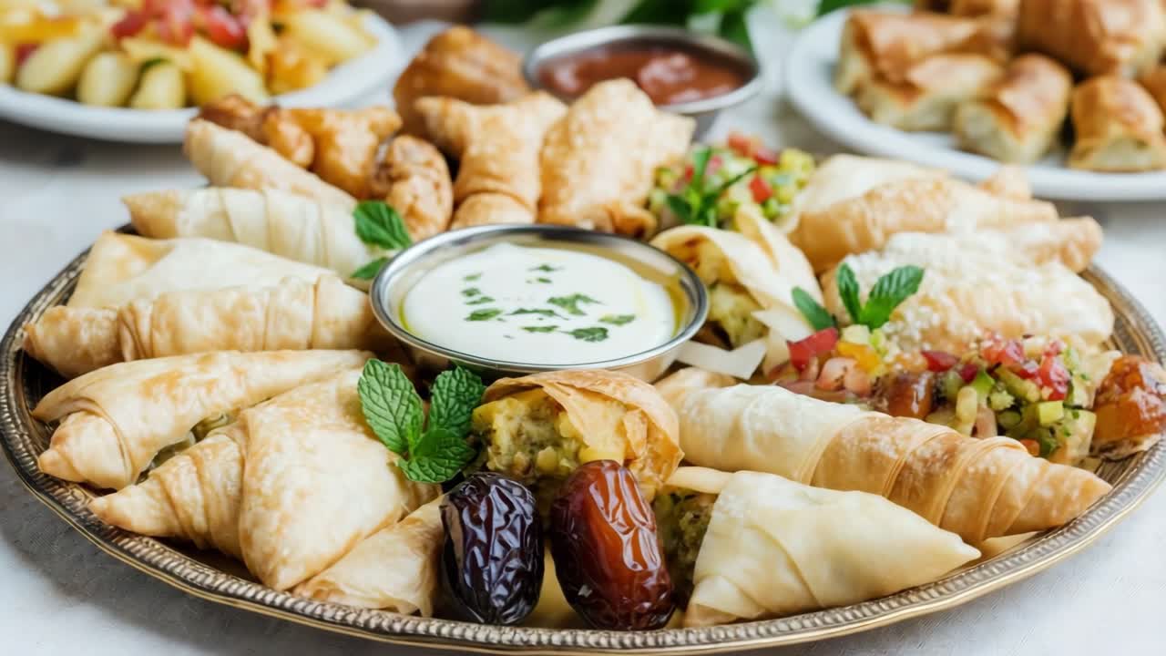 Platter filled with an array of pastries, including samosas and stuffed rolls, accompanied by vibrant dips and fresh herbs, creating a visually appealing culinary display