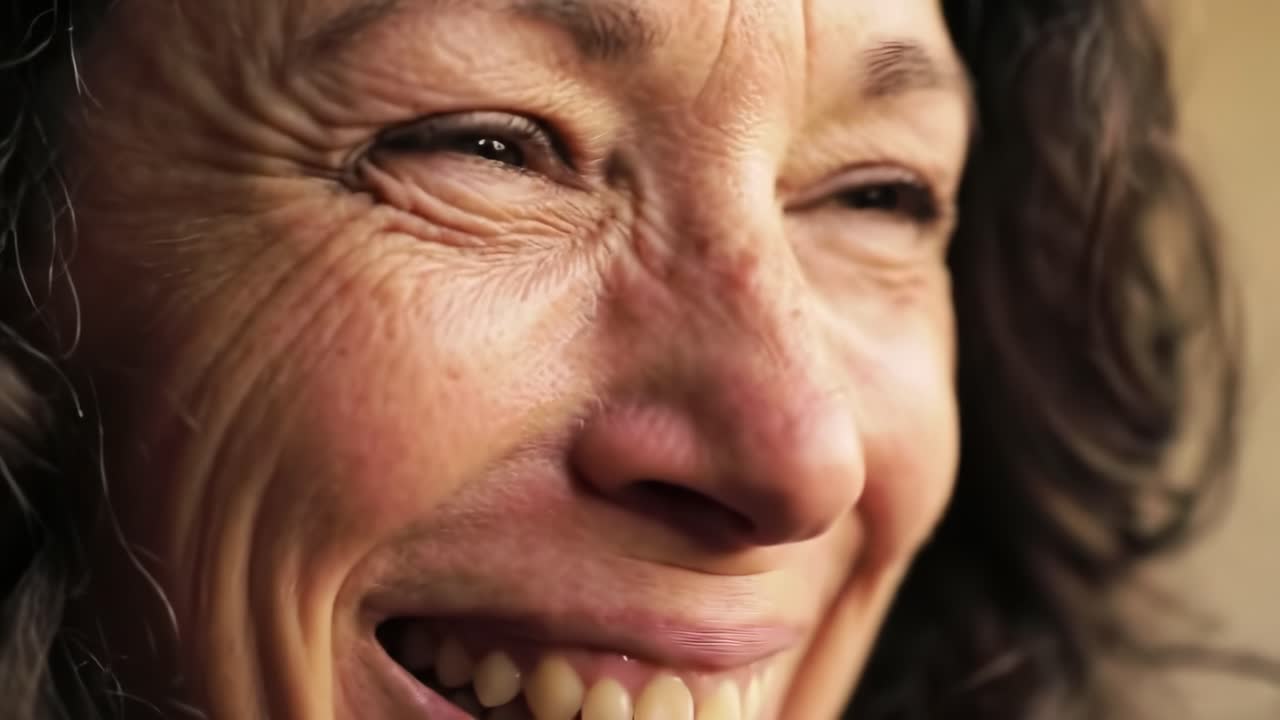 A woman experiences a joyful moment at her home, smiling brightly as sunlight streams through a window, illuminating her happiness. The atmosphere feels warm and inviting.