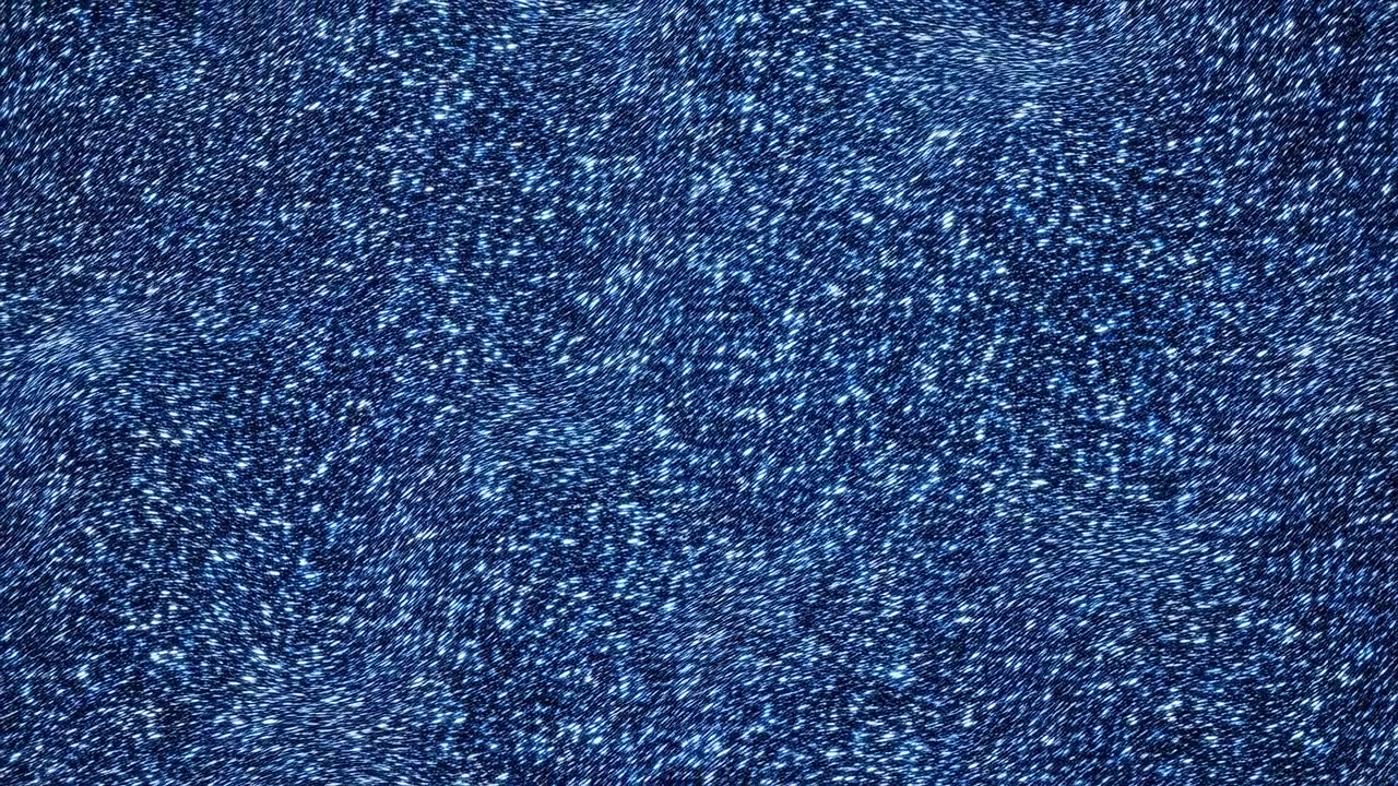 Abstract motion scene showing dense blue and white speckles plus short linear strokes redistributing from faint vortex clusters into near-uniform sparkle, creating textured background with subtle