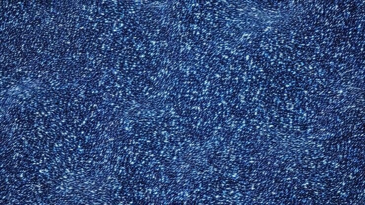 Abstract motion scene showing dense blue and white speckles plus short linear strokes redistributing from faint vortex clusters into near-uniform sparkle, creating textured background with subtle