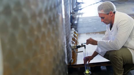 técnico que examina el aceite de oliva