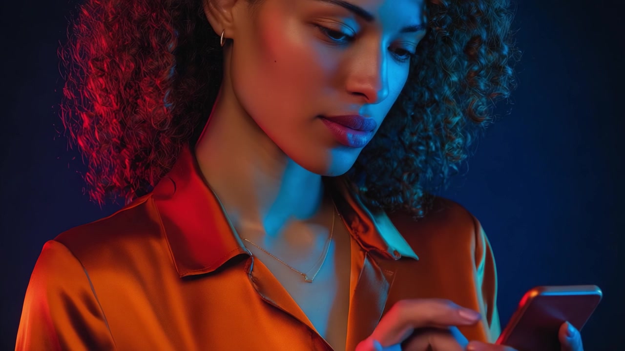 Impegnata nella comunicazione digitale: un momento pensieroso catturato in un ritratto con una donna con il suo smartphone contro uno sfondo drammatico