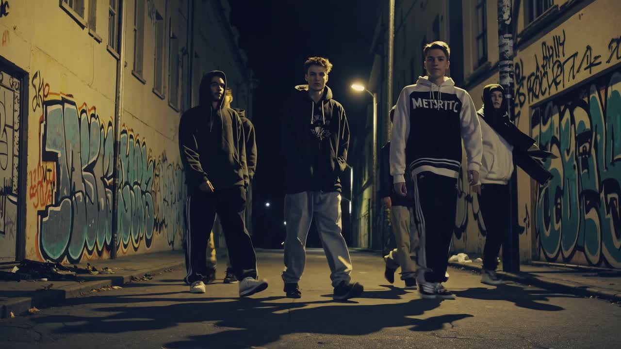 Teenagers Walking in an Urban Alley at Night