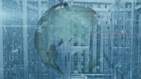 animation of globe spinning and data over tech room with computer servers