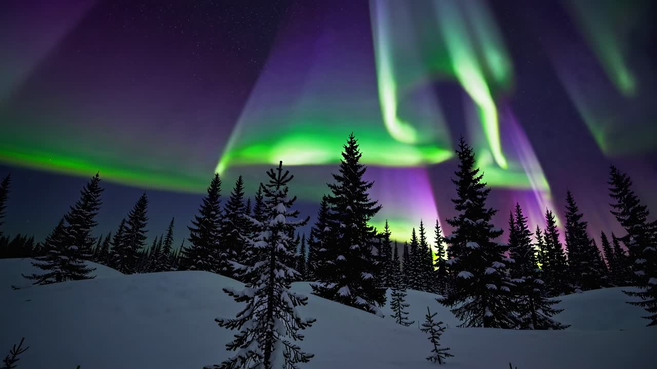 A mesmerizing wide-angle video captures the vibrant aurora borealis above snow-covered trees