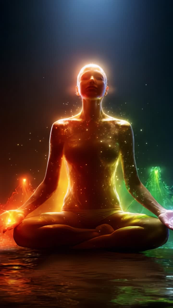 Un essere etereo irradia colori vivaci mentre medita, incarnando armonia ed equilibrio attraverso il flusso di energia, circondato da un'aura di luce affascinante