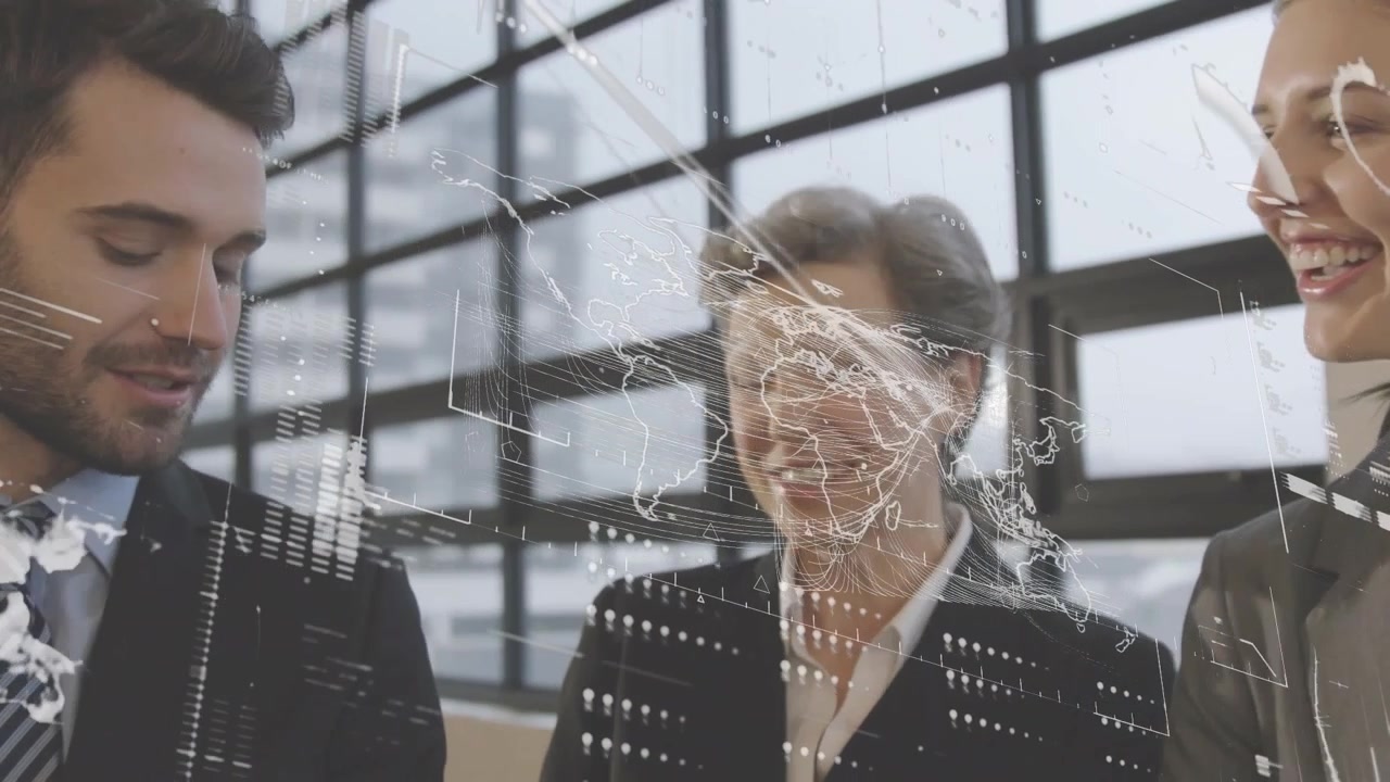 Animation of data processing over caucasian business people in office