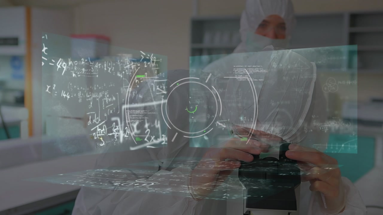 Animation of mathematical equations and scope scanning over diverse scientist in lab cityscape