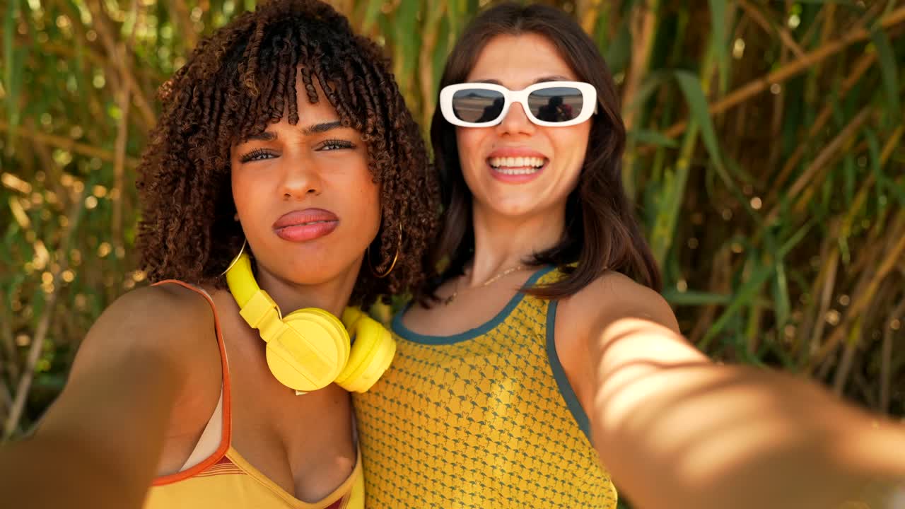 Two happy women taking a selfie outdoors