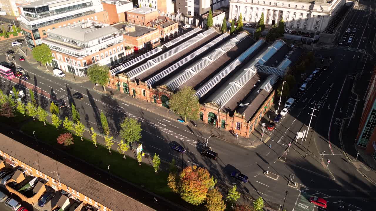 Wide 4K 30FPS aerial video of St George's Market in Belfast, Northern Ireland in the UK. Produced with Rec709 color