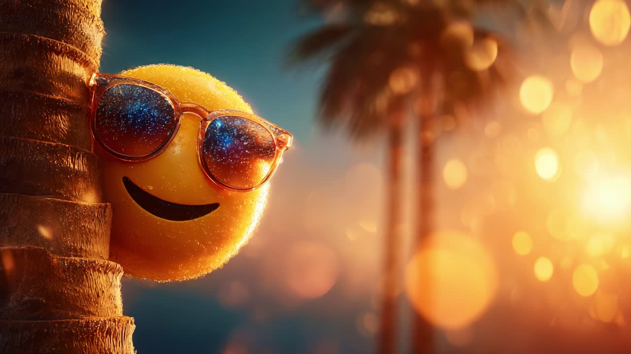 A cheerful, whimsical yellow smiley face wearing stylish sunglasses peeks from behind a palm tree, radiating joy and embodying a captivating summer sunset atmosphere