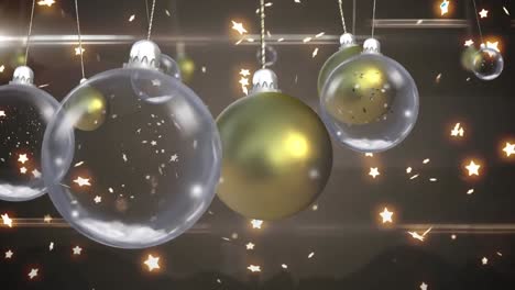 Animation-of-christmas-baubles-dangling-over-stars-falling-on-brown-background