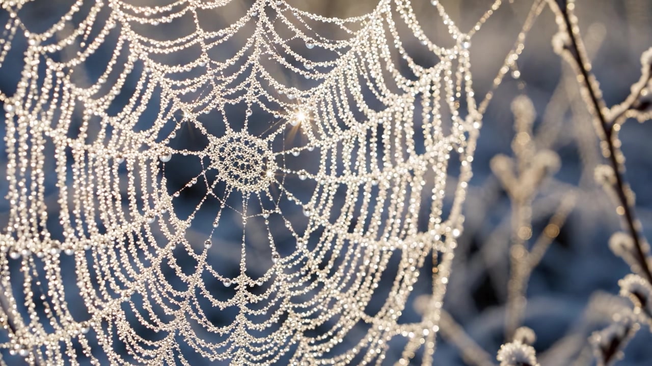 Affascinante ragnatela ghiacciata: un bellissimo primo piano dell'intricata arte della natura scintillante di gocce di rugiada nella luce del primo mattino.