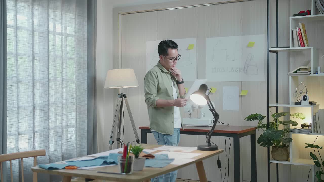 아시아 남자 디자이너는 레이아웃을 보면서 생각하고 사무실에서 고 있습니다.