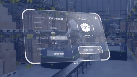 animación de la interfaz digital con iconos y procesamiento de datos sobre diversos trabajadores en el almacén