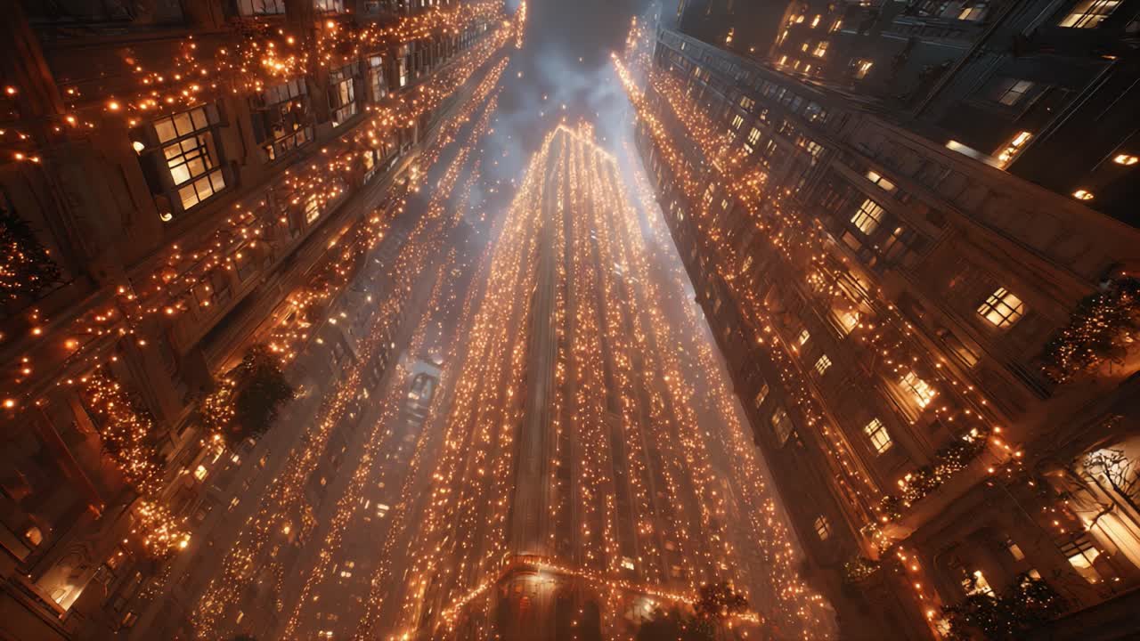 A Breathtaking Expanse of Twinkling Lights Filling an Urban Courtyard, Creating a Magical Atmosphere During the Festive Season, Surrounded by Majestic Architecture and Evening Tranquility