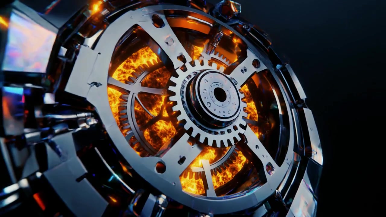 Abstraktní mechanický převodový mechanismus se zářícím ohnivým jádrem