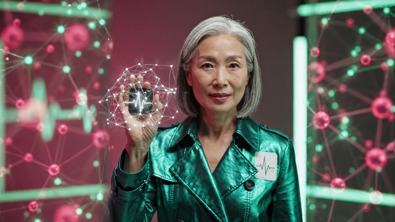 A confident woman wearing a vibrant green metallic jacket stands against a strikingly modern backdrop, showcasing a futuristic and innovative atmosphere.