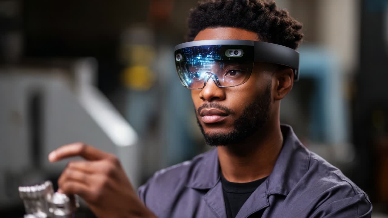 A focused technician employs augmented reality glasses in a workshop, skillfully examining mechanical parts and engaging with advanced technology to enhance productivity and innovation within the field