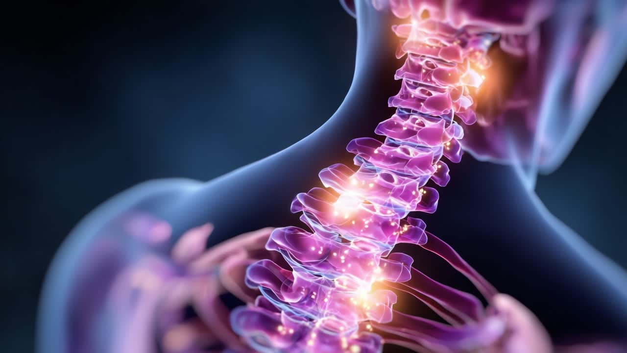 A Detailed Visualization of the Human Spine with Highlighted Nerve Connections Illuminating the Neck Area for Enhanced Understanding of Anatomical Structures