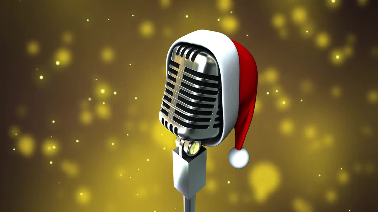 Animation of microphone with santa hat over yellow spots